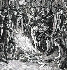 colonist burning papers in a bonfire