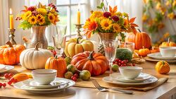 colorful autumn themed table setting with pumpkins fresh flowers