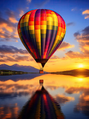 Colorful balloon with reflection on water against a sunset sky