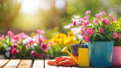 colorful flower pots with watering can and glove