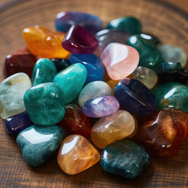 colorful shinny Tumbled gemstones on a wood surface