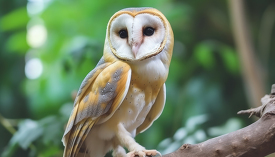 common barn owl close up sitting on a tree branch
