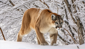 cougar looks for food in the winter snow