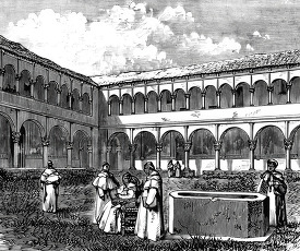 court of convent with ancient fountain historical illustration