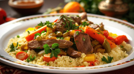 Couscous with beef and stewed vegetables garnished with parsley