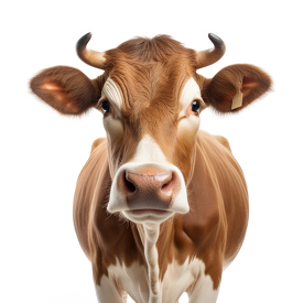 Cow front view closeup isolated on white background