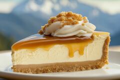 Creamy Cheesecake Slice With Caramel and Whipped Cream