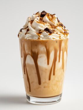 Creamy iced coffee topped with whipped cream and caramel drizzle in a clear glass cup