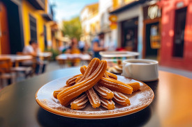 Crispy churros served with a dipping sauce in an outdoor cafe in