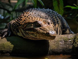 crocodile resting with its head tree log