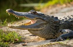 crocodile with its mouth open revealing sharp teeth