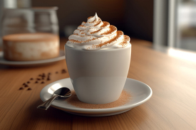 cup of cappuccino with whipped cream on a table with spoon