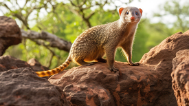 curious banded mongoose on rock