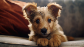 cute Australian Terrier Dog breed puppy sits on paws