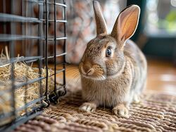 cute brown rabbit in an indoor enclosure