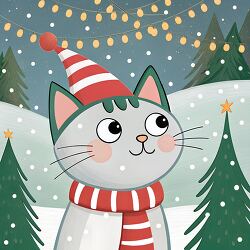 cute cat wearing a striped christmas hat and scarf