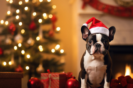 cute dog with a holiday cap looks on surrounded by the glow of c