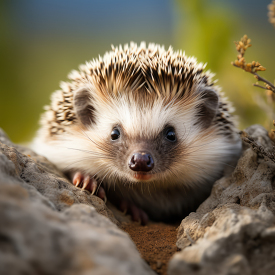 cute hedgehog hiding between rocks