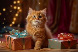 cute kitten standing next to two wrapped presents