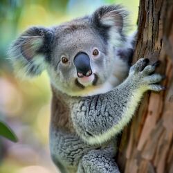 Cute koala hanging onto a tree trunk