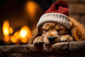cute little dog sleeps near a fire place during the christmas ho