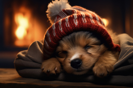 cute little sleeping puppy dog wears christmas hat