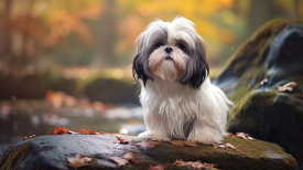 cute Shih Tzu dog stands on large rock