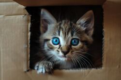 cute small kitten plays in cardboard box