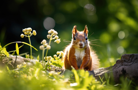 cute squirrel in a field of green plants and flowers