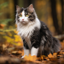 dark gray white tabby cat stands in fall leaves