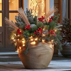 A beautifully arranged pot filled with festive greenery and red berries stands at a door during the holiday season. Twinkling lights enhance the cheerful atmosphere.