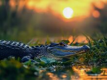 detailed close up of an alligator resting on the bank of a water