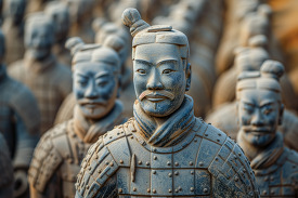 Detailed view of a terracotta warrior statue with a blurred back