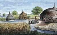 dinka village near the  nile historical illustration africa