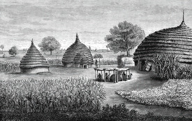 dinka village near the  nile historical illustration africa