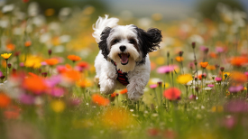 Dog runs in a field with colorful wild flowers