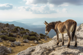 donkey standing on a mountainous ledge in greece