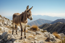 donkey standing on a rocky hillside in greece