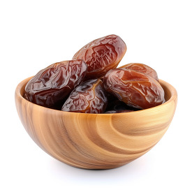 Dried dates fruits in wooden bowl