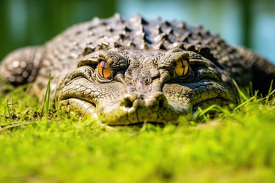 dwarf crocodile front view closeup laying in the grass