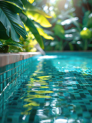 edge of a swimmingpool with green mosaic tiles and tropical plan