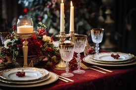 elegant christmas table with red tablecloth and candle centerpiece