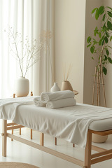 Elegant massage room prepared with fresh towels and calming ambi