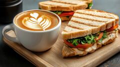 Enjoying Coffee and Sandwiches on a Wooden Board