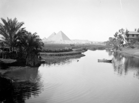 Evening scene of Nile overflow near pyramids