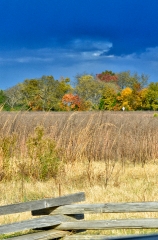 fall foliage fields with wood fence dark sky picture image