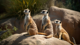 family of playful meerkats relaxing in the sun on large rock