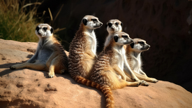 family of playful meerkats standing on rocks