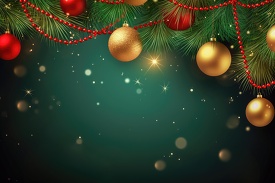 festive christmas background with red and gold baubles on pine branches