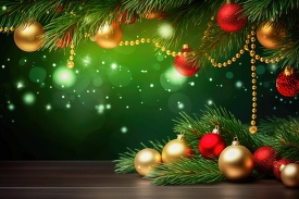 festive green christmas background with red and gold decorations on pine branches